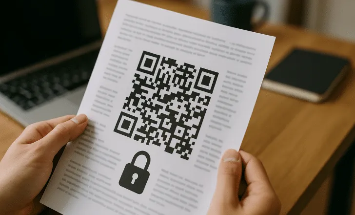 Person holding a document with a password-protected QR code printed on it
