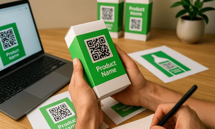Personne tenant une boîte de produit à étiquette verte avec un QR code dans un espace de travail de branding et de design