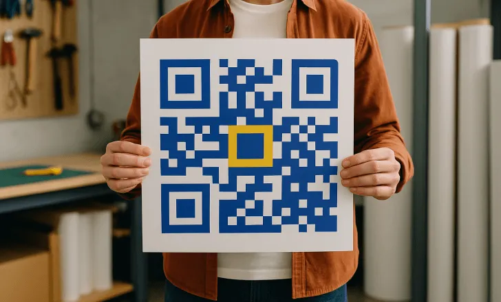 Person holding a large printed blue-and-white QR code with a yellow center in a workshop