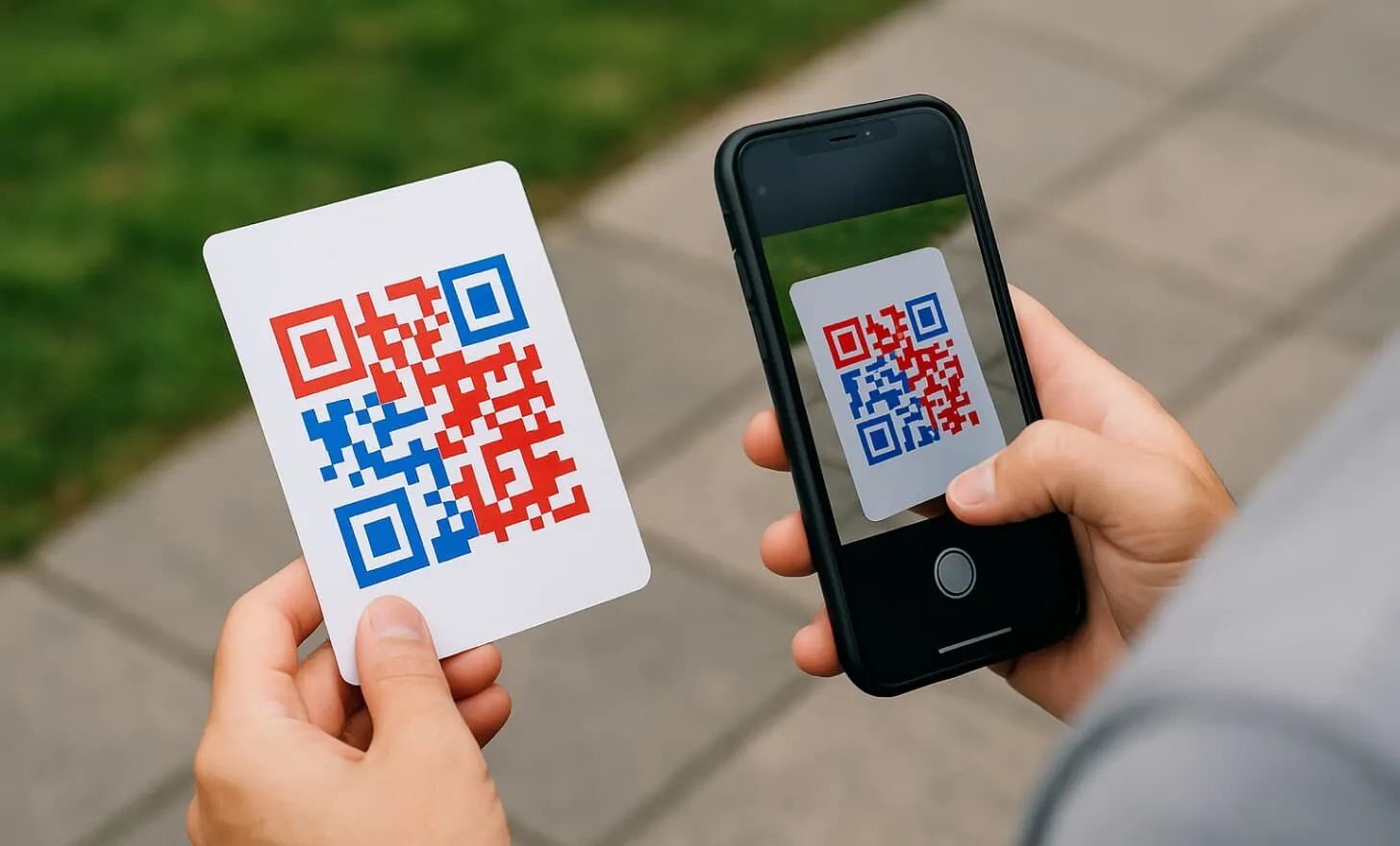 Persona sosteniendo un teléfono y escaneando un código QR colorido en rojo y azul al aire libre