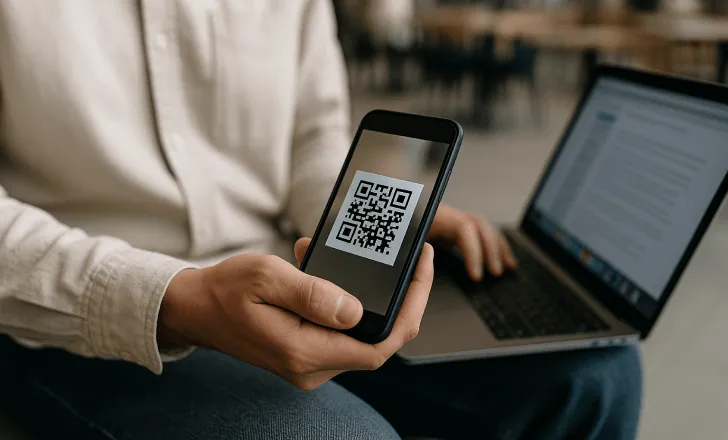 Persona sosteniendo un teléfono con un código QR mientras trabaja en una laptop