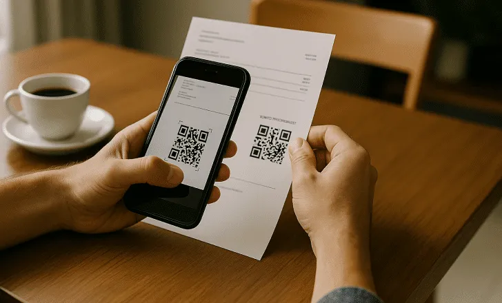Person holding a smartphone in one hand and scanning a QR code on a paper bill with the other