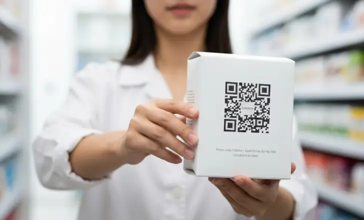 Person holding product packaging with a large QR code visible.