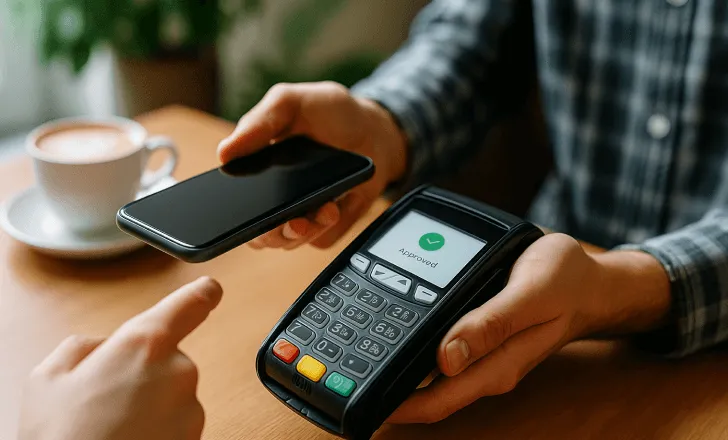 Person making a mobile payment with a smartphone and card reader