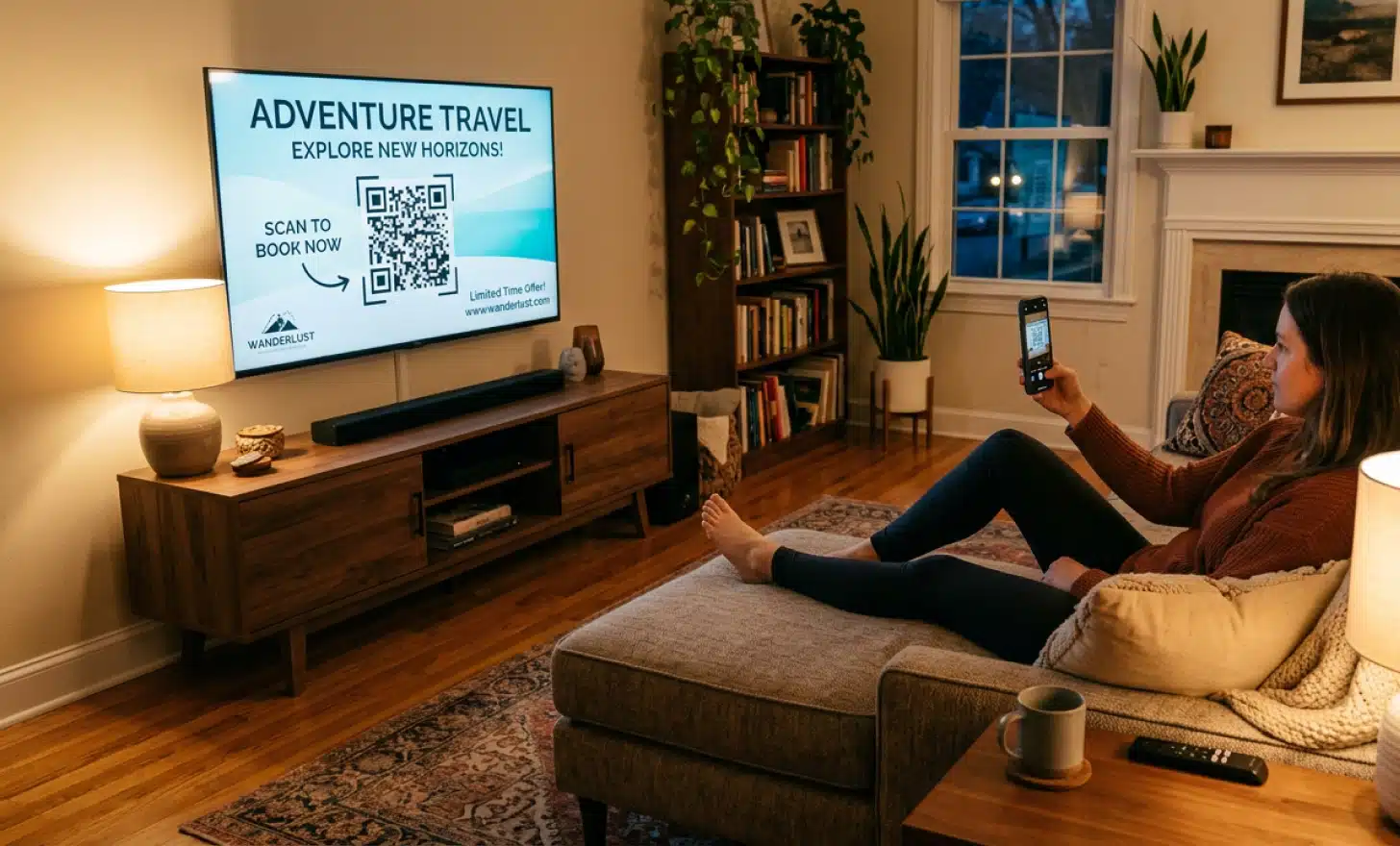 Person on a sofa holding a smartphone toward a television screen showing a QR code