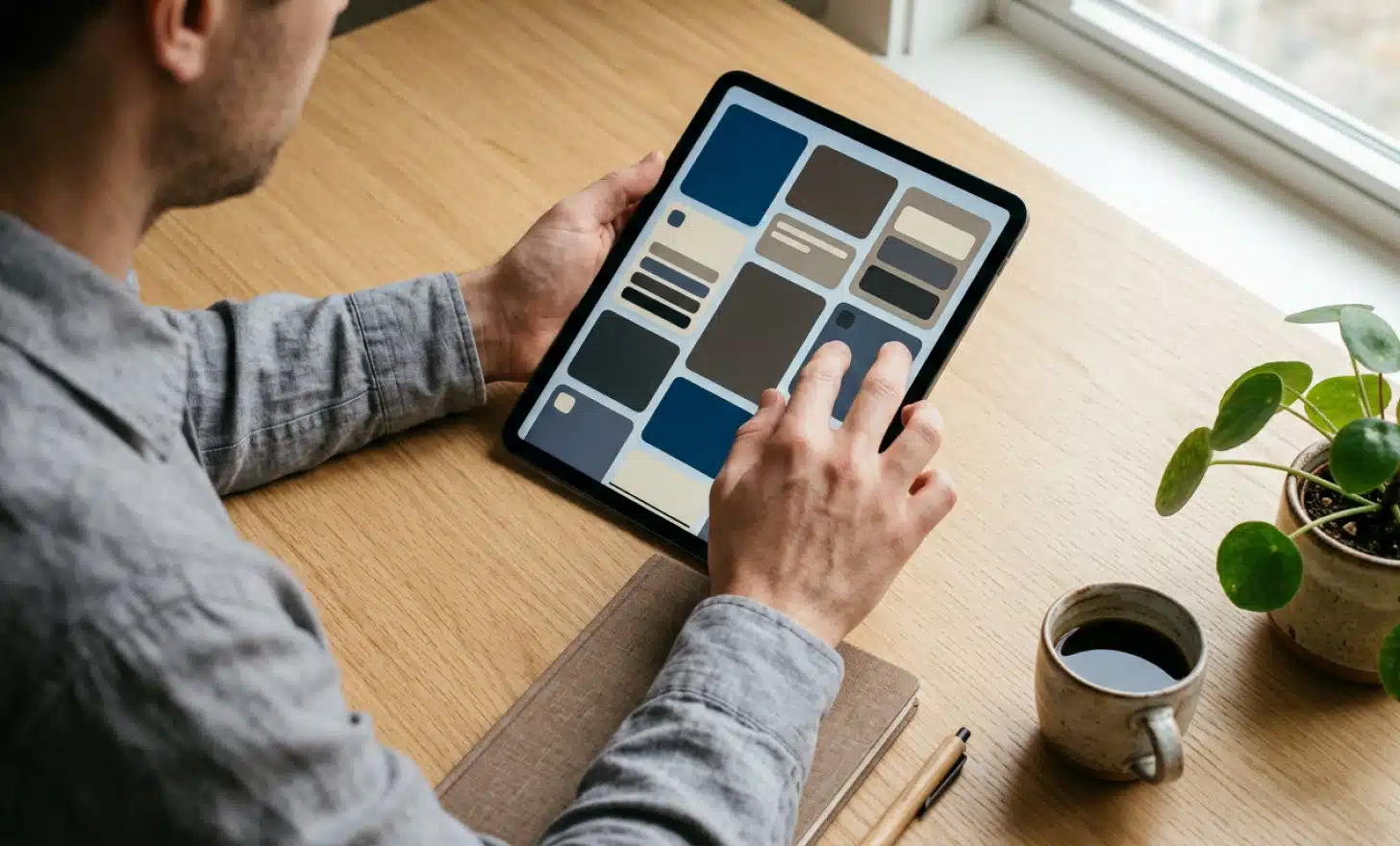 Person organizing a structured knowledge base on a tablet at a tidy desk.