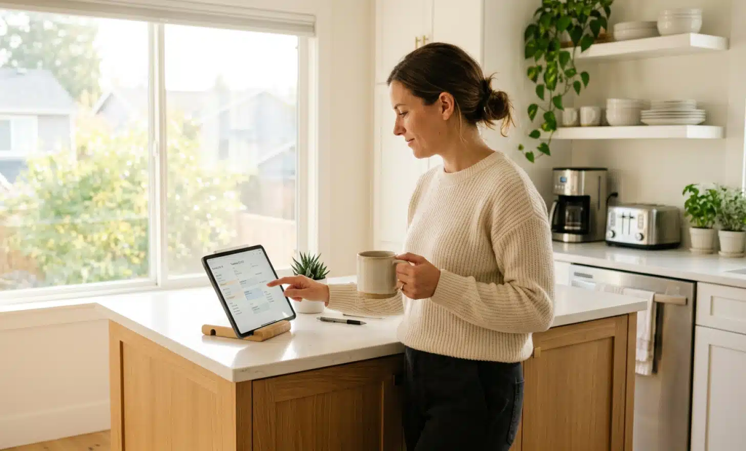 Person reviewing a calendar planner on a tablet while sipping coffee at a kitchen counter.