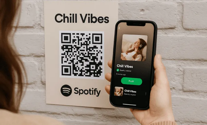 Persona escaneando un código QR de playlist “Chill Vibes” en un póster beige de Spotify pegado a una pared blanca de ladrillo.