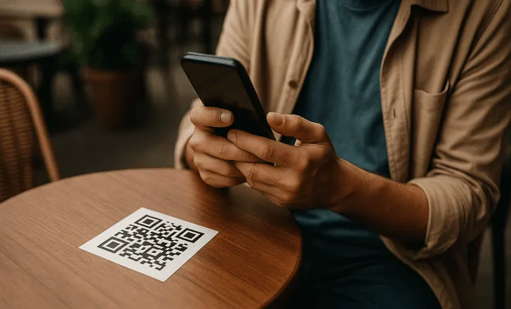 Persona escaneando un código QR en una mesa al aire libre de un café