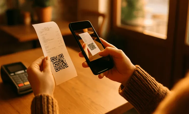 Person scanning a QR code on a café receipt in warm natural light