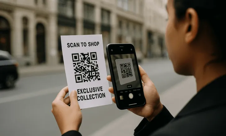 Person scanning a QR code on a printed flyer with a smartphone in a city street