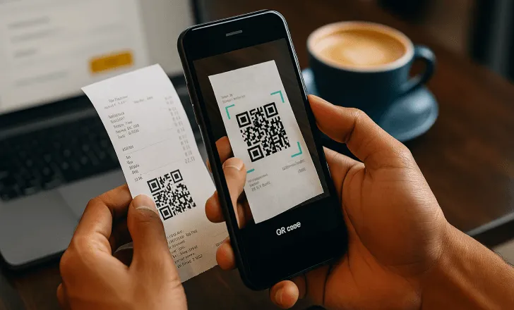 Person scanning a QR code on a printed receipt while seated at a café table, with a coffee cup and laptop nearby.