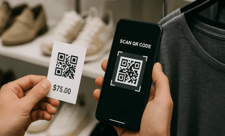 Pessoa escaneando um código QR em uma etiqueta de preço de produto dentro de uma loja