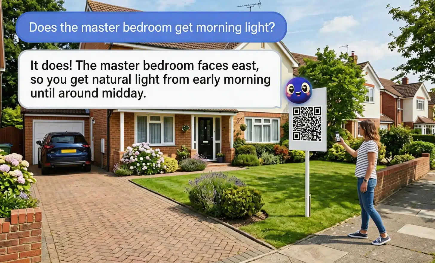 Person scanning a QR code on a residential for-sale board