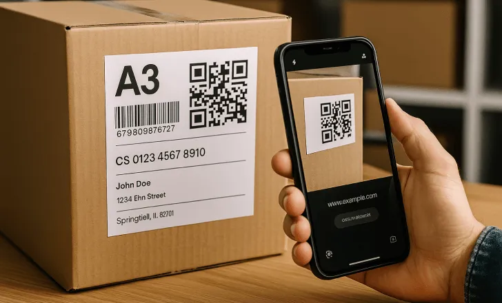 Person scanning a QR code on a shipping label attached to a cardboard box using a smartphone
