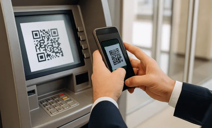 Person scanning a QR code on an ATM screen with a smartphone for contactless banking