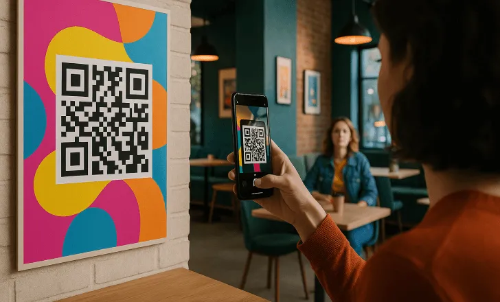 Person scanning a colorful QR code poster in a modern café, showing creative uses of alignment patterns.