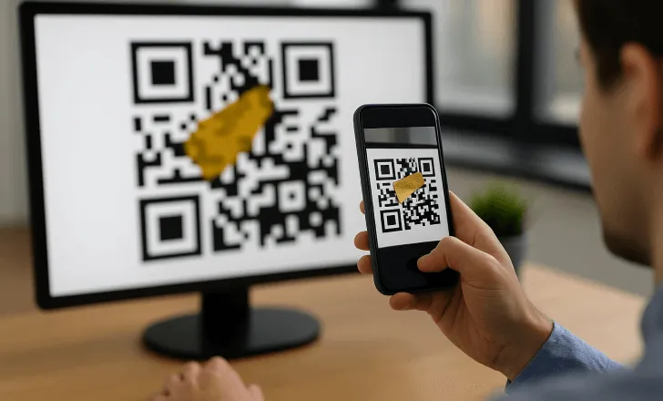 Person scanning a damaged QR Code on a monitor with a smartphone, showing that the code still works thanks to error correction.