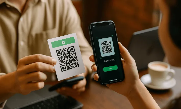 Persona escaneando un código QR de lista de reproducción desde una tarjeta de presentación con auriculares y café de fondo
