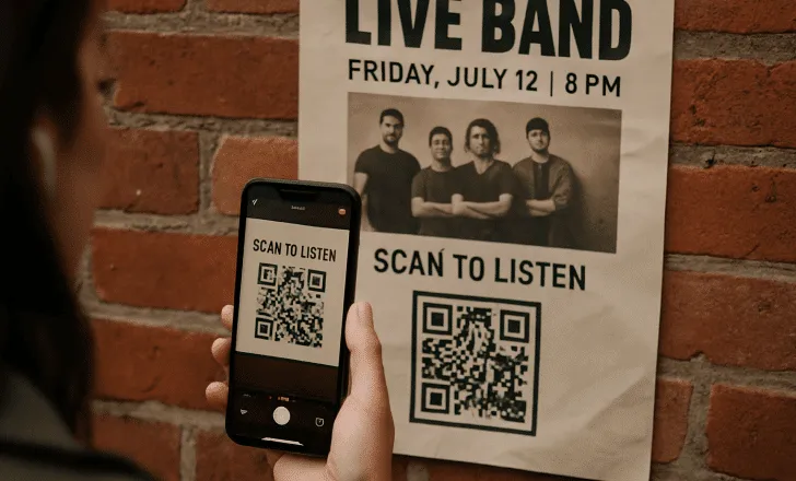 Persona escaneando un código QR de playlist en un cartel de concierto pegado a una pared de ladrillos rojos.