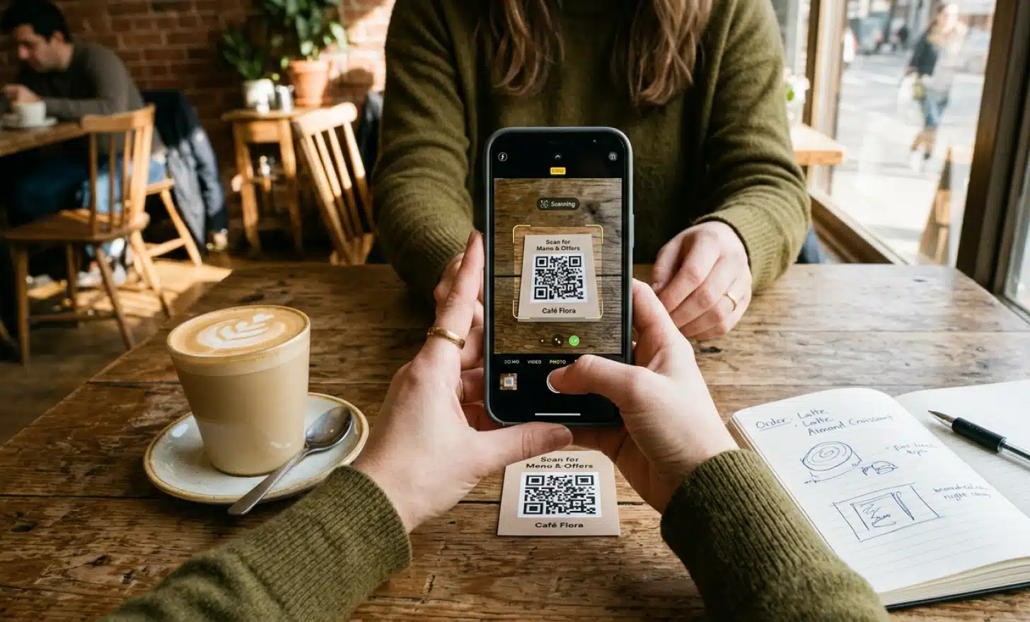 Person scanning a printed QR code on a café table with their phone