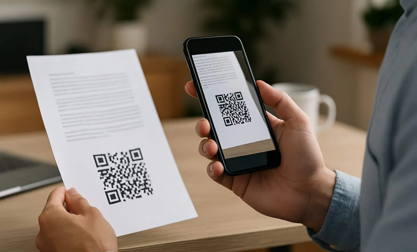Pessoa escaneando um código QR impresso em um documento, ilustrando o teste do código QR antes da distribuição