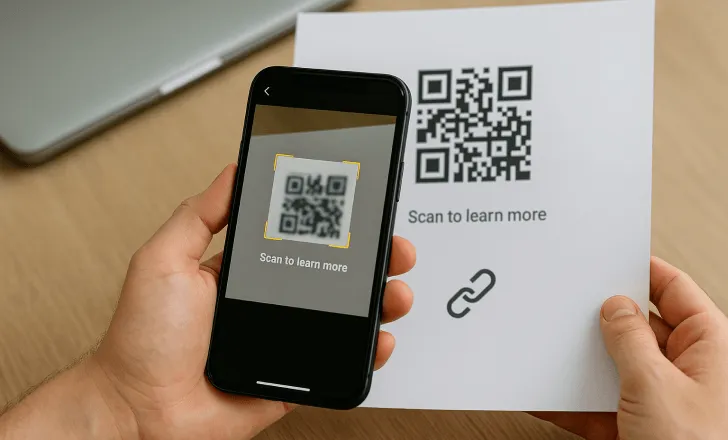 Person scanning a printed QR code with a smartphone that reads “Scan to learn more” on both devices
