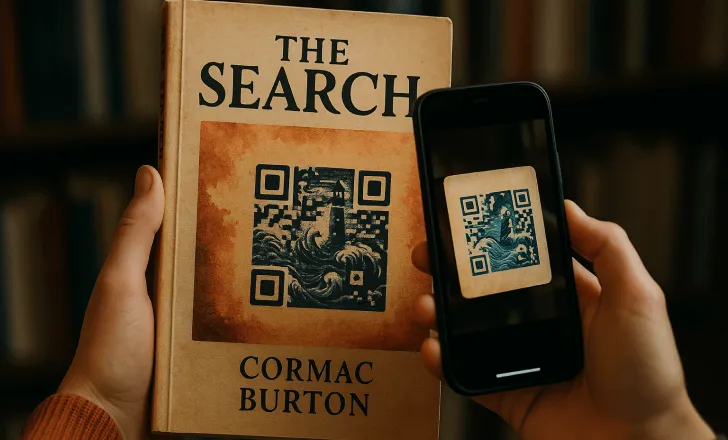 Person scanning an artistic QR code on a book cover with a smartphone in a cozy library setting.