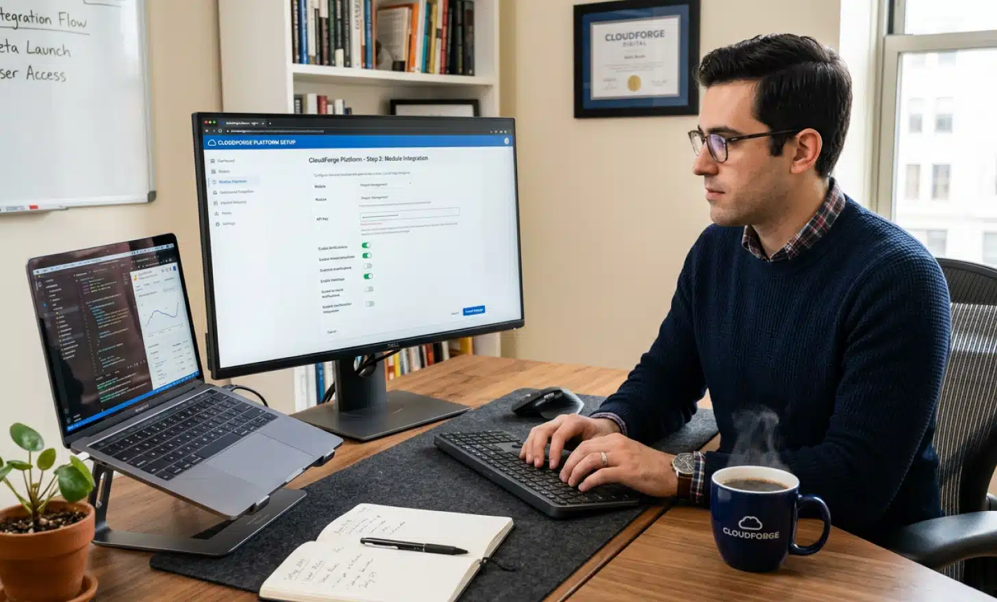 Person setting up an AI QR code platform on a desktop computer