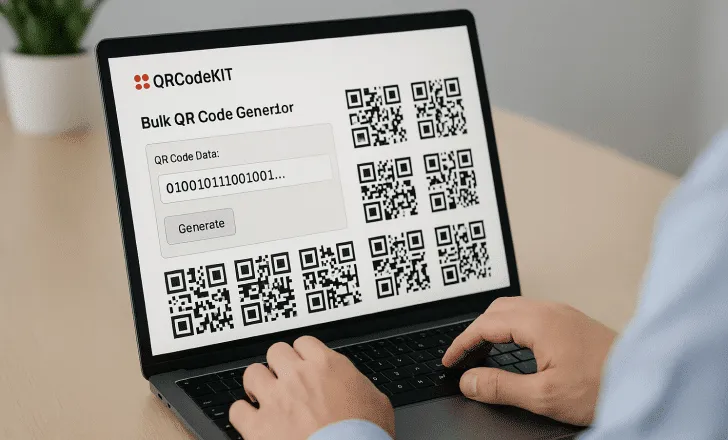 Person sitting at a desk using a computer to generate multiple QR codes with QRCodeKIT for supply chain applications.
