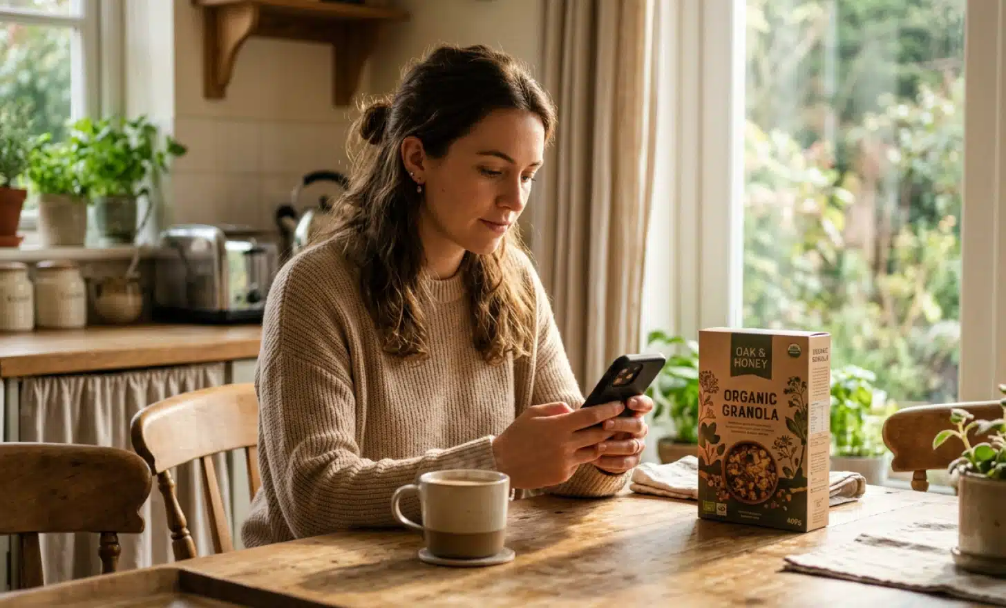 Person sitting at a kitchen table reading information on their smartphone after scanning a product