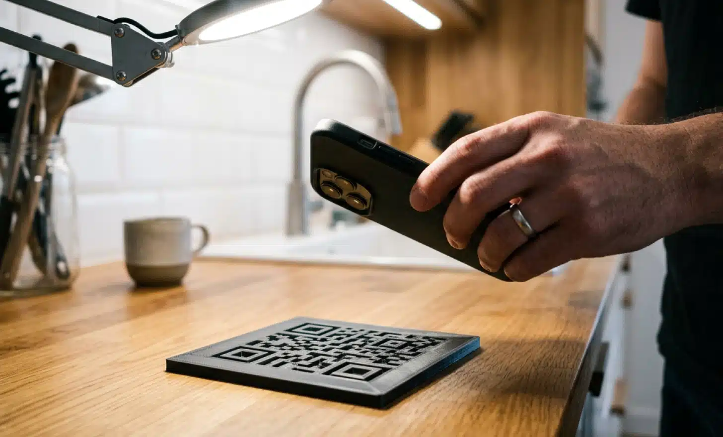Person testing a 3D printed QR code scan with a phone under a lamp