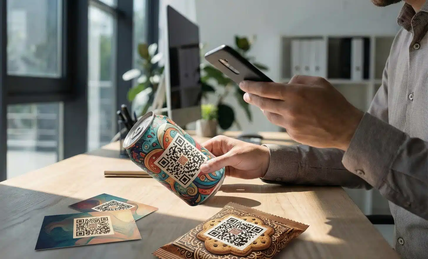Person testing printed QR codes under natural lighting conditions.