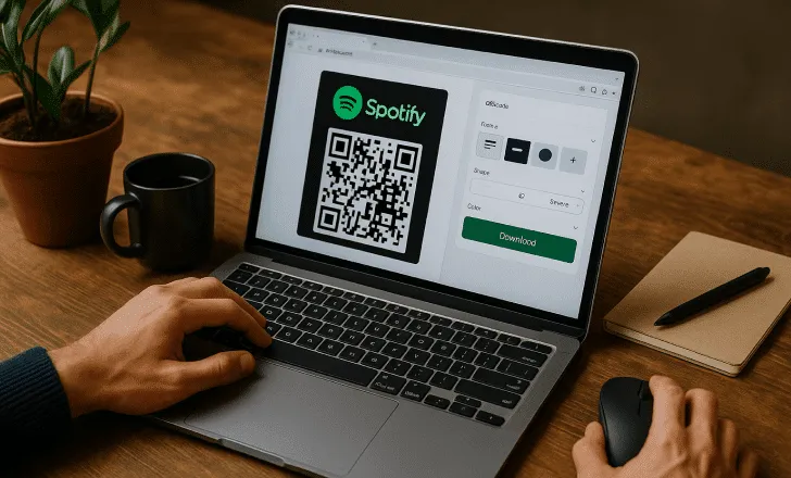 Persona que usa una computadora portátil para personalizar y descargar un código QR de Spotify con luz natural y elementos de escritorio alrededor