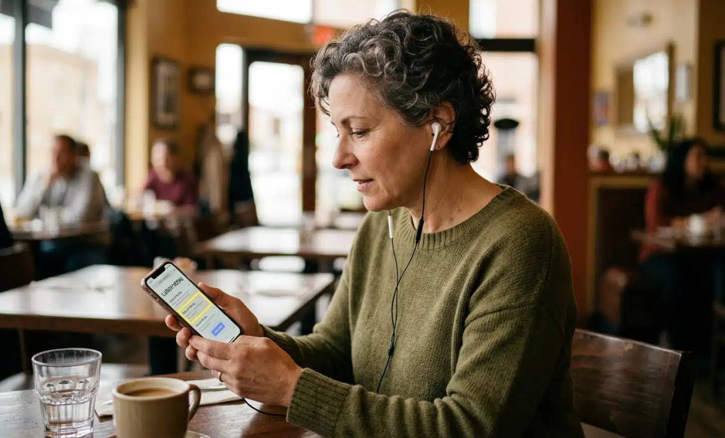 Person using a smartphone with a screen reader active, headphones on, navigating a restaurant menu page.