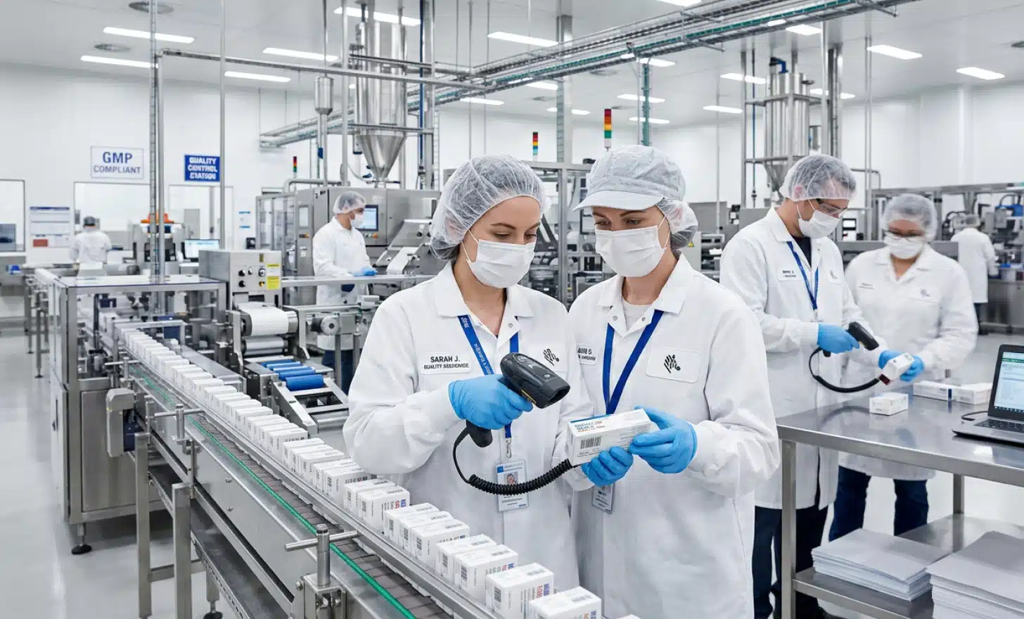 Pharmaceutical production line workers scanning product packages in a regulated manufacturing facility.