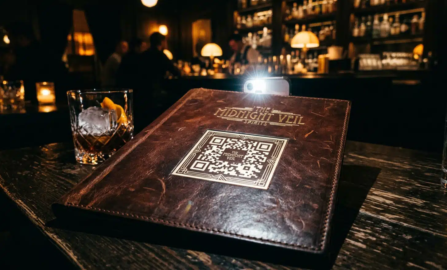Phone flash lighting up a QR code on a menu in a dark bar.
