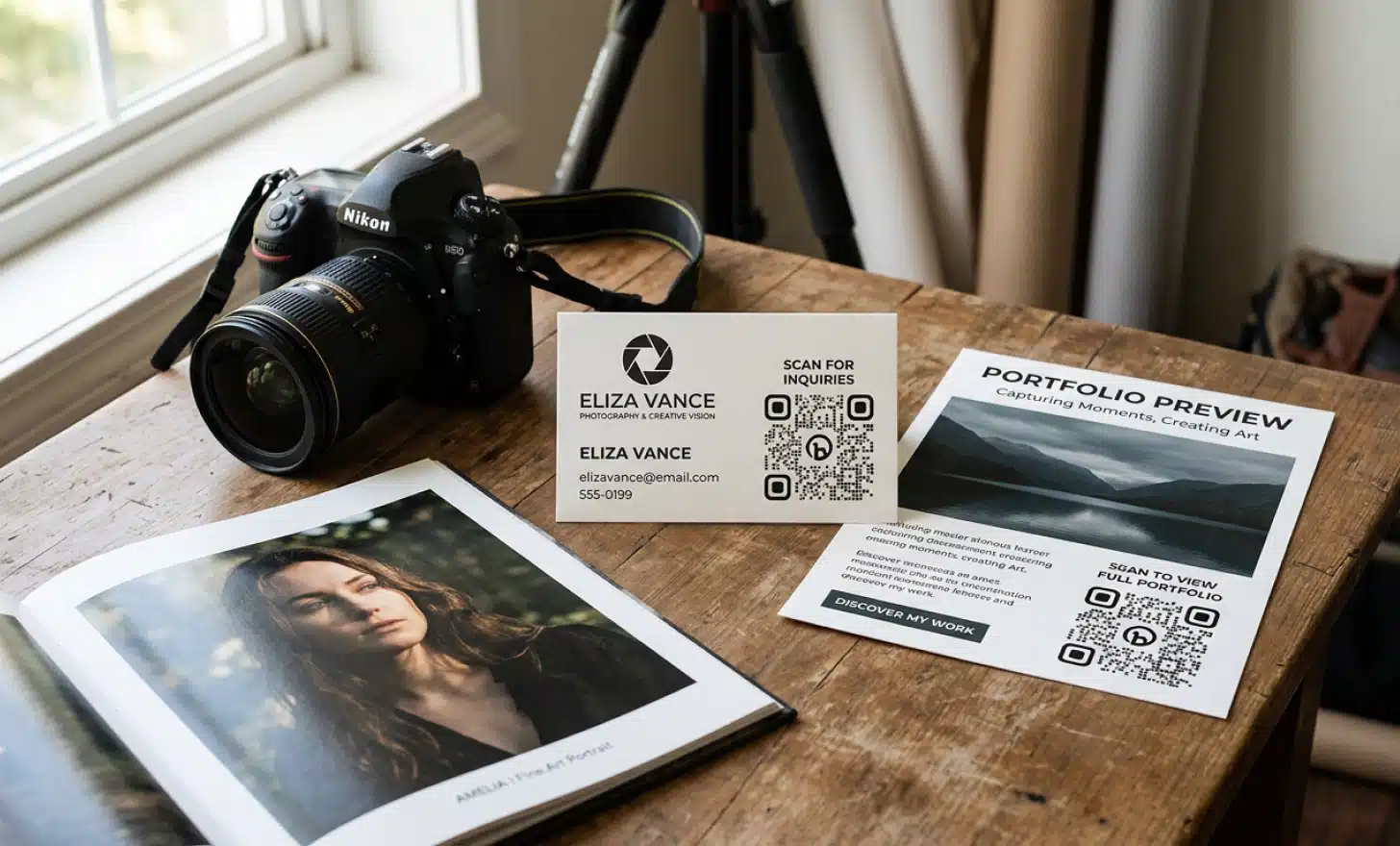 Photographer's business card and flyer with QR codes beside a camera and portfolio print.
