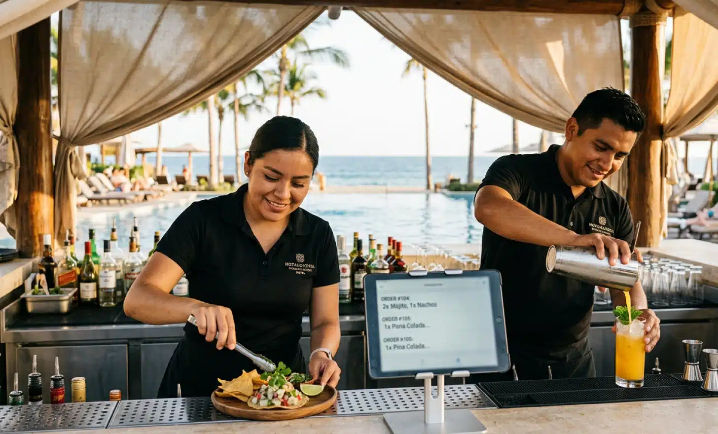Pool bar staff fulfilling orders with a tablet showing the incoming order queue.