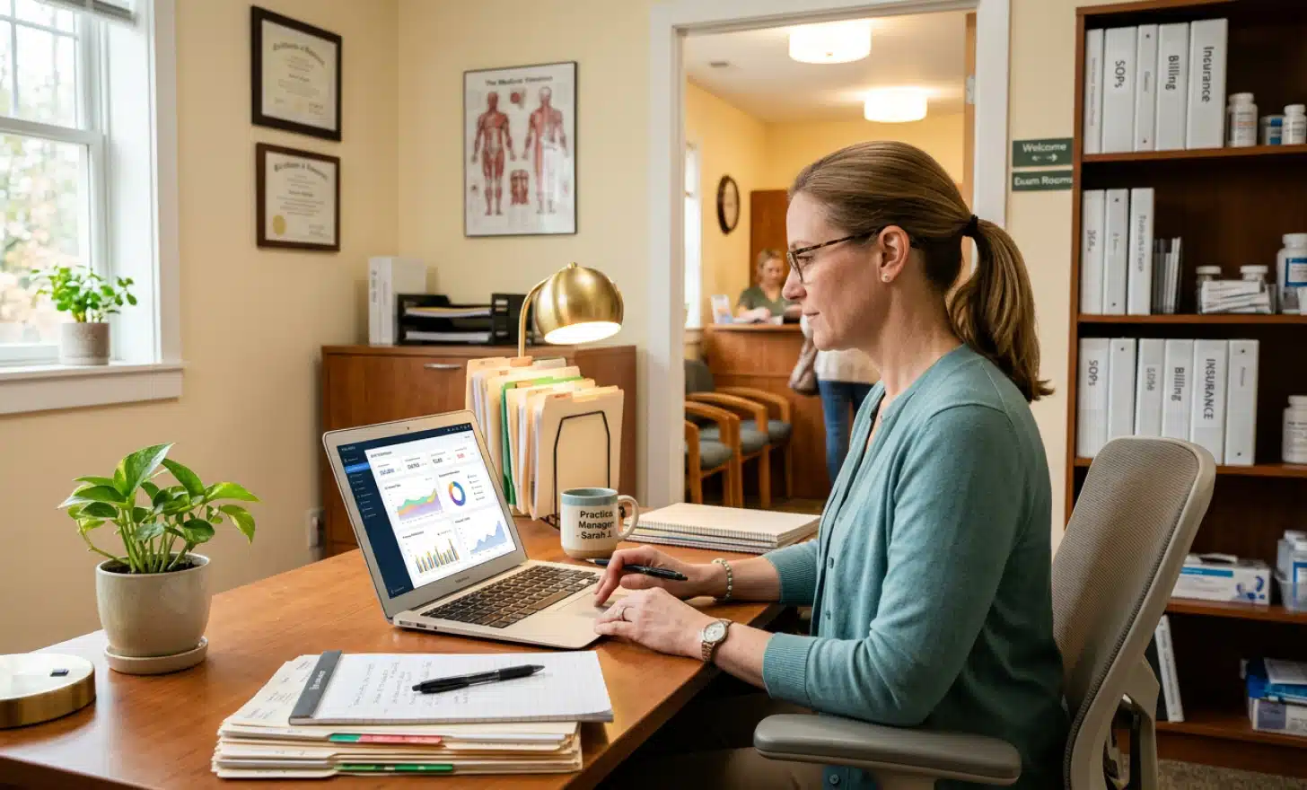 Practice manager reviewing patient engagement analytics on laptop in medical office