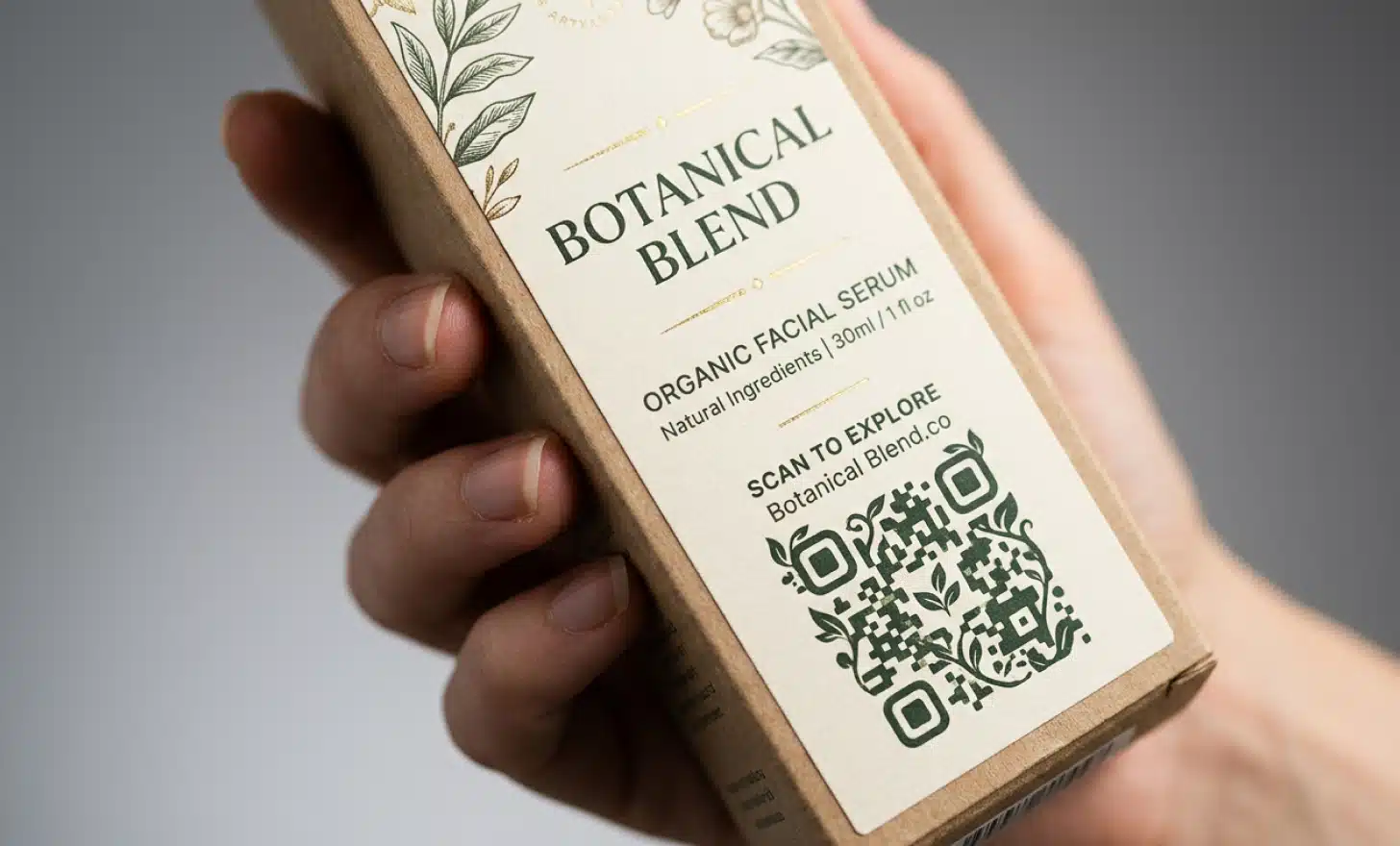 Premium product packaging featuring a branded QR code on the label.