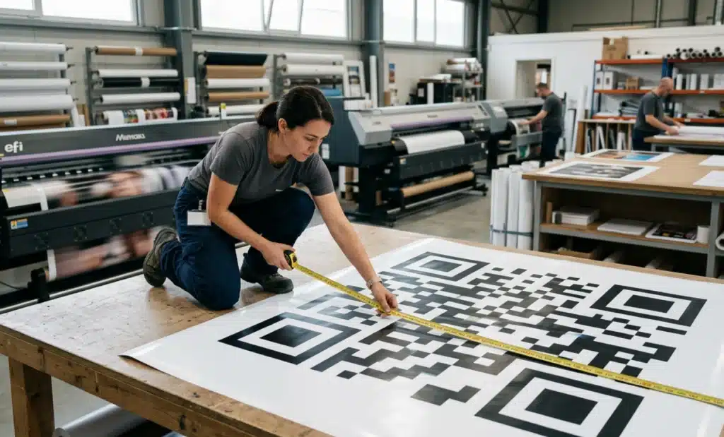 Print production worker measuring a large printed QR code panel with a tape measure