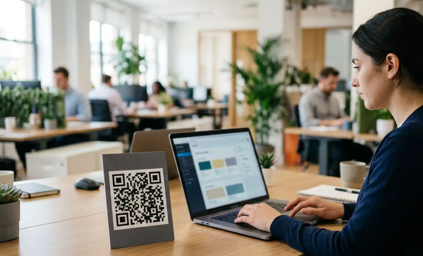 Printed QR code display next to a laptop where its destination content is being updated