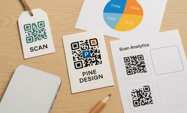 Printed QR code templates, analytics sheets, and a product tag laid out on a wooden desk with a pencil.
