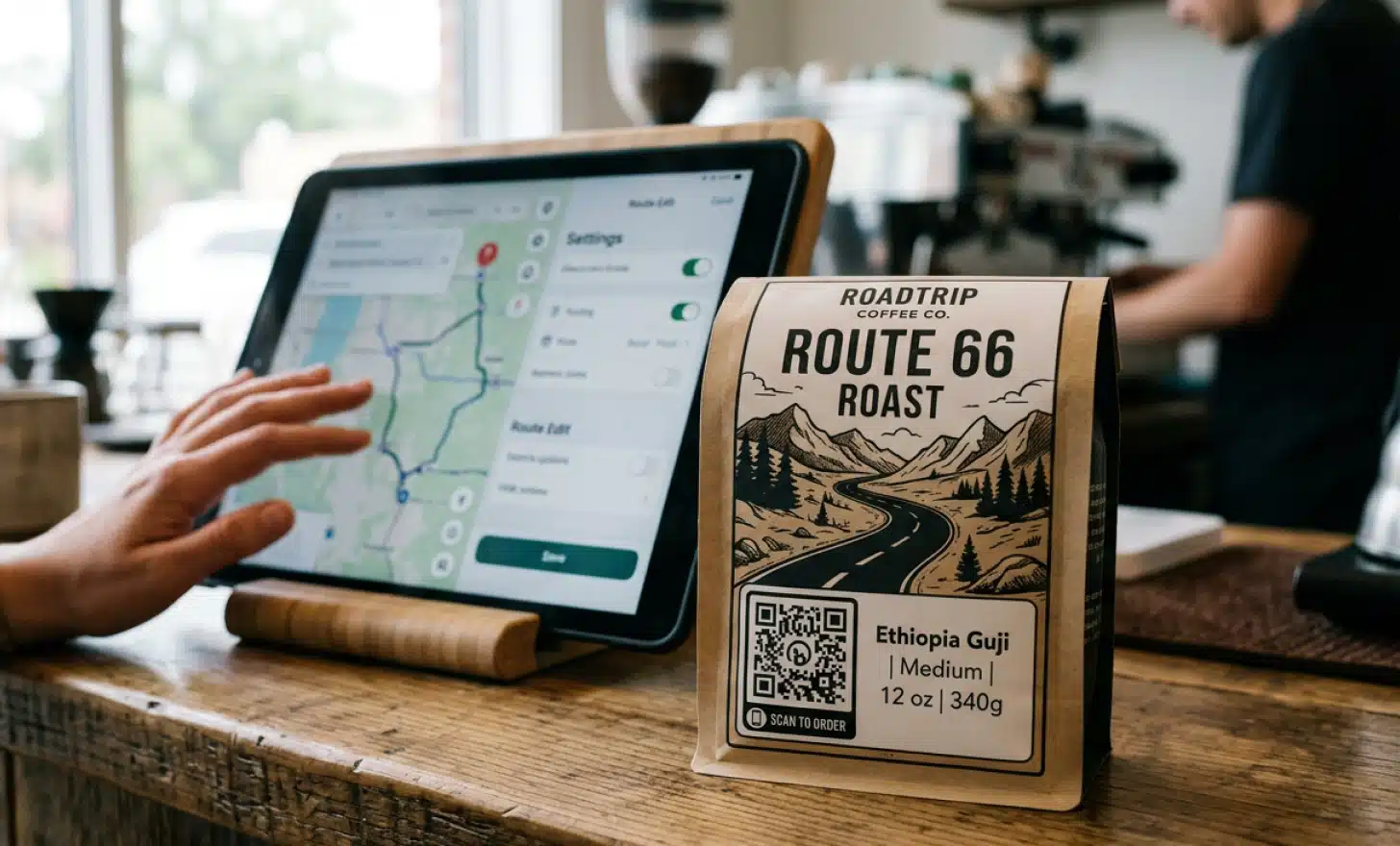 Printed coffee bag with a QR code in front of a blurred tablet showing a settings screen