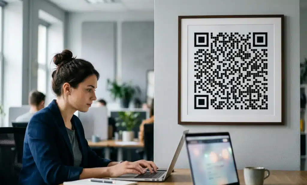 Printed poster with a QR code on a wall while a marketer updates its destination on a laptop
