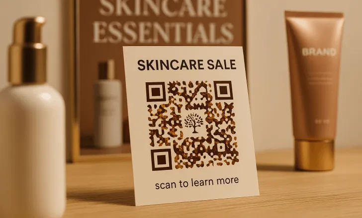 Printed promotional card with an AI-generated QR code for a skincare sale, surrounded by cosmetic products on a wooden surface.