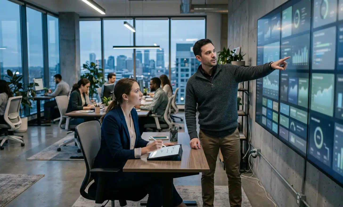 Product manager pointing at a new panel on a large marketing dashboard display