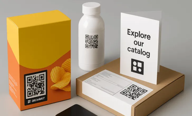 Product packaging and printed materials featuring dynamic QR codes and QRCodeKIT branding