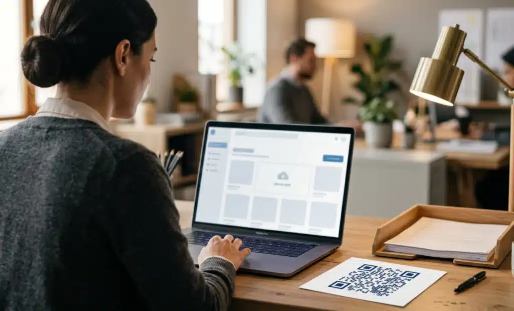 Professional uploading a document on a laptop with a printed QR code sample beside it
